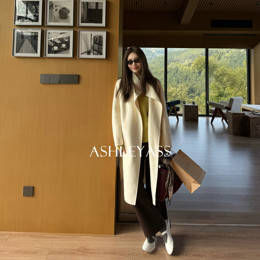 【ASHLEYASS】九寸叠襟一粒扣羊毛大衣领襟压花皮设计LSS241792S