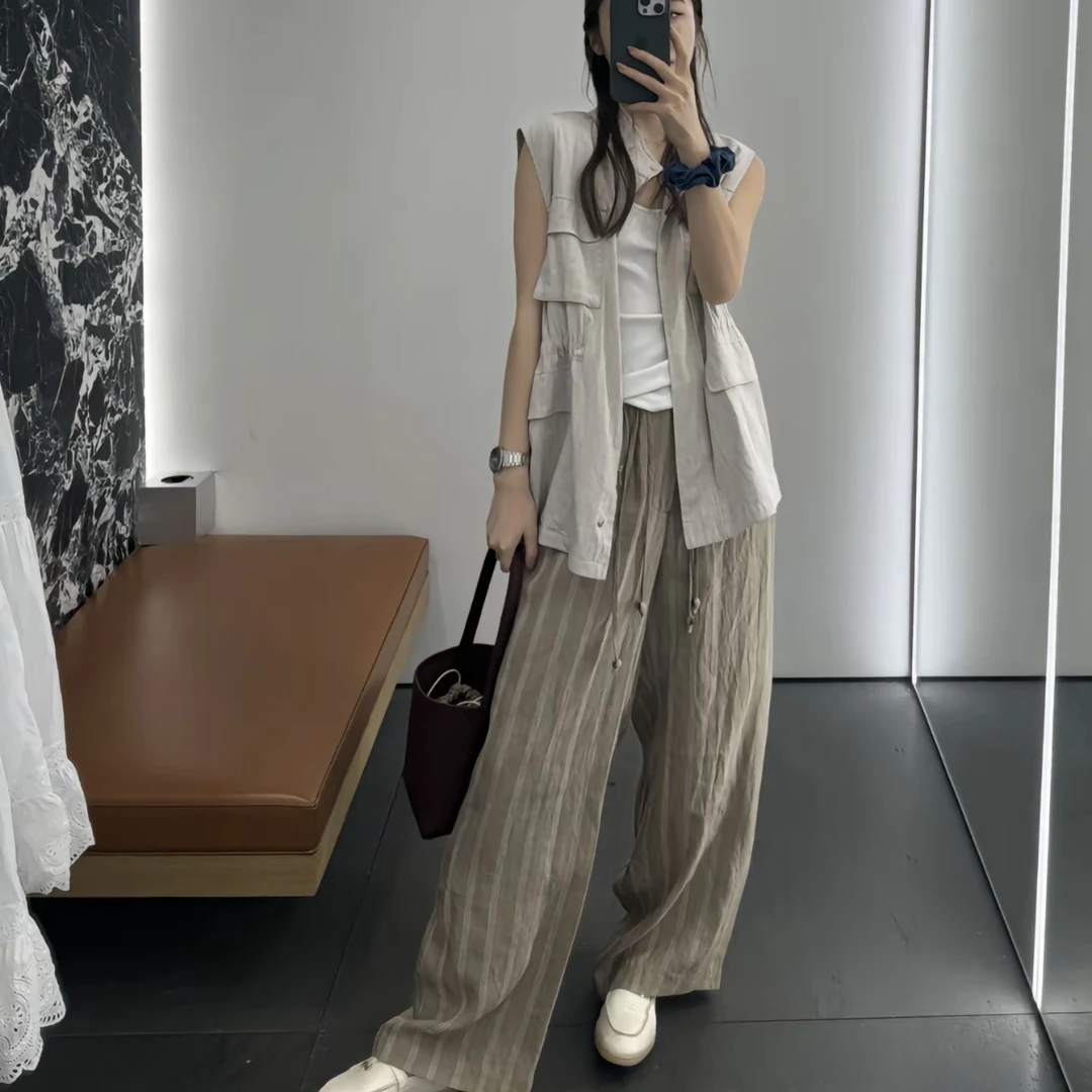 【ASHLEYASS】 “夏风有信” 条纹显瘦气质潮流卡其色长裤LSK240771C