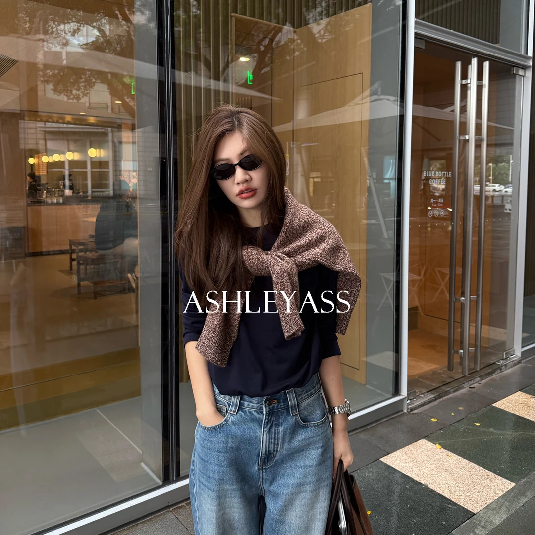 【ASHLEYASS】“晚安T”棉+绵羊毛H型衣版圆领双色长袖上衣LSS241664R