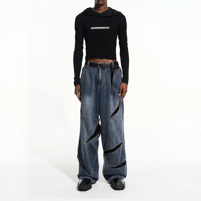 BLIND NO PLAN 拉链破坏解构内衬质感水洗直筒百搭牛仔裤