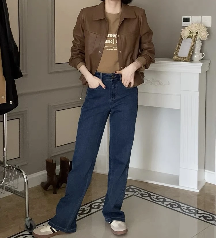 Qianxuanni/茜萱妮【左岸】翻领气质复古秋冬上新简约皮革夹克外套