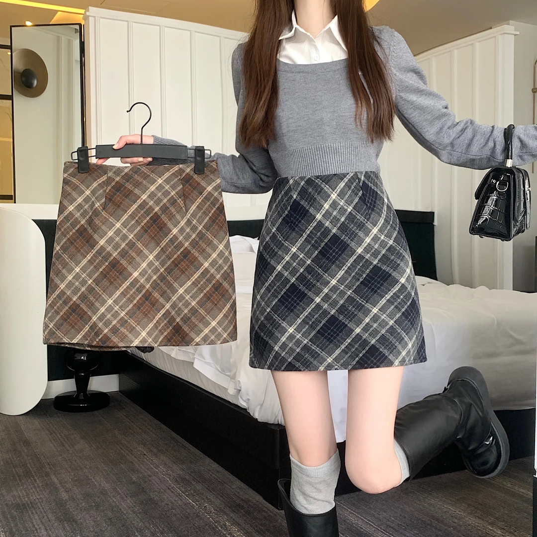 【春装百搭格子长裙/短裙】大码胖MM高腰显瘦半身裙A字毛呢裙女8077