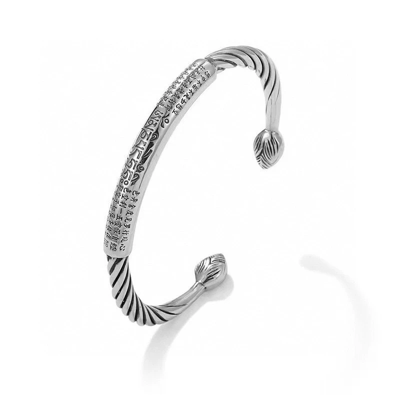 足银手镯 足银990六字真言莲子头麻花开口弯管手手工时尚百搭情侣