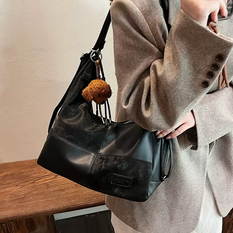拼接复古通勤托特包女大容量2024新款秋冬小众单肩斜挎包双肩背包