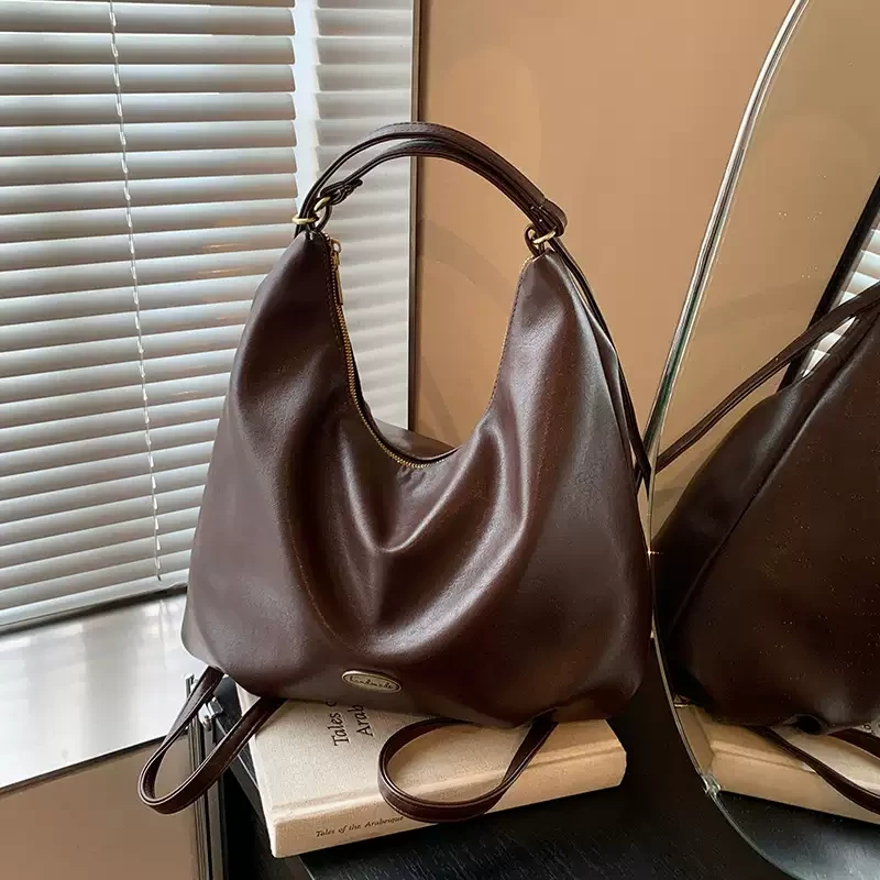 复古上班通勤托特包女大容量2024新款单肩斜挎包褶皱潮流双肩背包