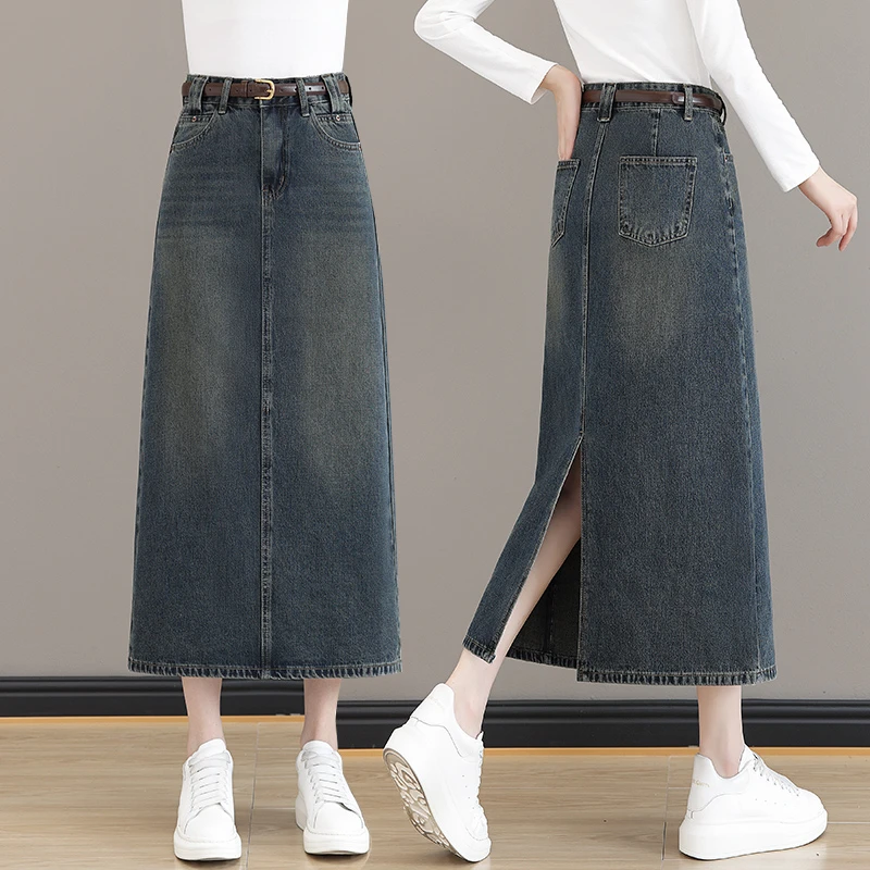 牛仔裙女春秋季2025新款高腰中长款裙子遮胯a字裙网红包臀半身裙