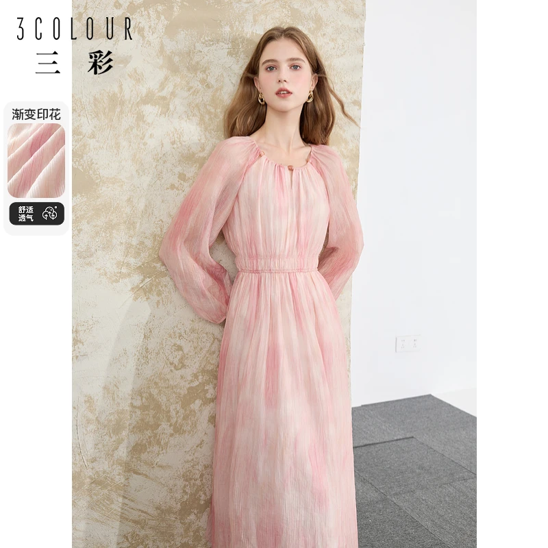 三彩2024秋季晕染印花连衣裙法式大摆度假长裙清冷M