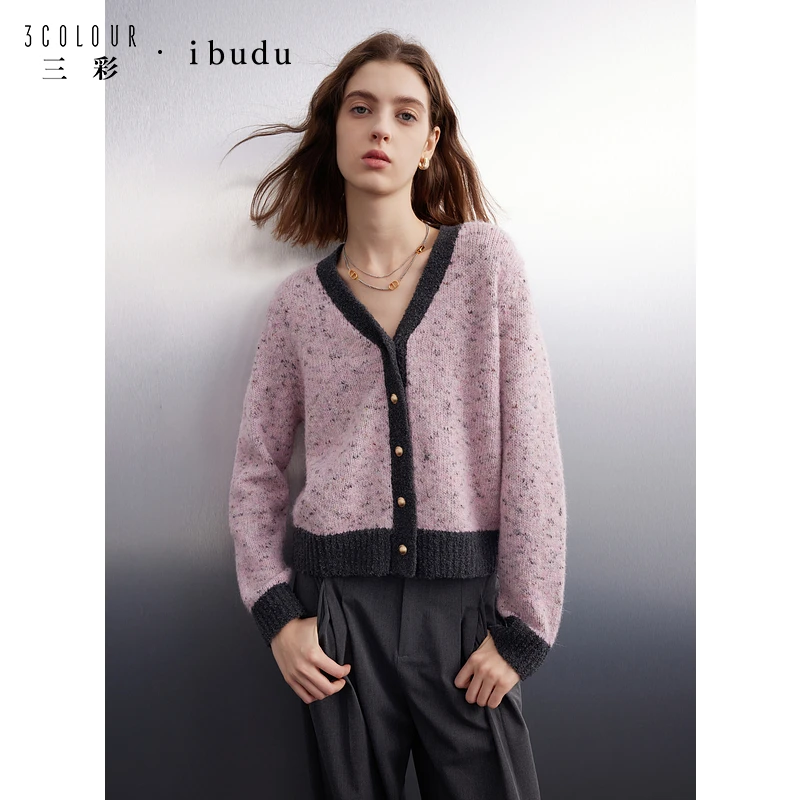 三彩ibudu2024冬季新款撞色V领针织衫宽松花纱毛衣开衫长袖女