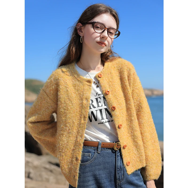 三彩2024冬季棉花糖毛衣圈圈纱针织衫圆领开衫外套毛衫宽松M