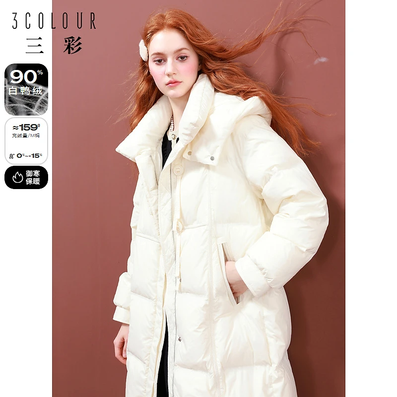三彩独醒2023冬季新款纯色羽绒服长款立领连帽白鸭绒外套保暖宽松