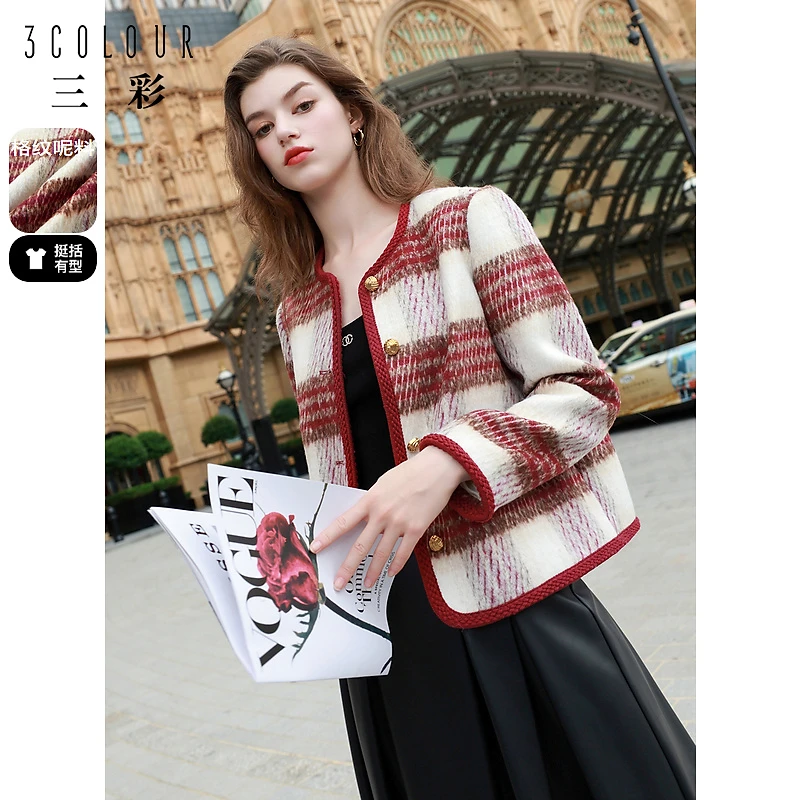三彩女装2024冬季新款小香风毛呢大衣短款复古格子外套宽松女M