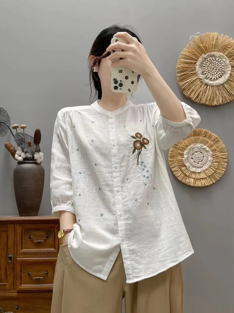 夏款双层棉纱刺绣文艺小清新衬衫女式宽松大板七分袖上衣-9820