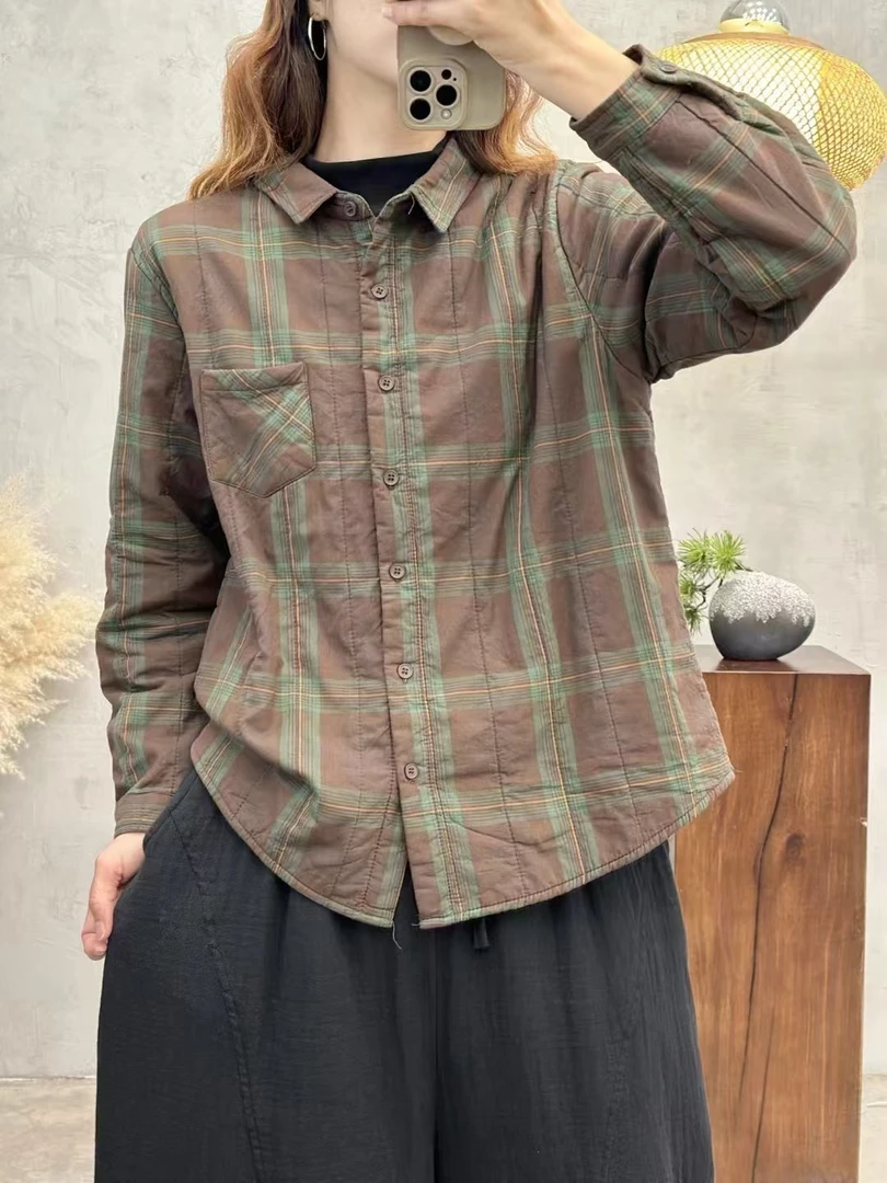 冬季新款夹棉衬衫长袖休闲百搭衬衣时尚文艺韩版格纹衬衫-7075