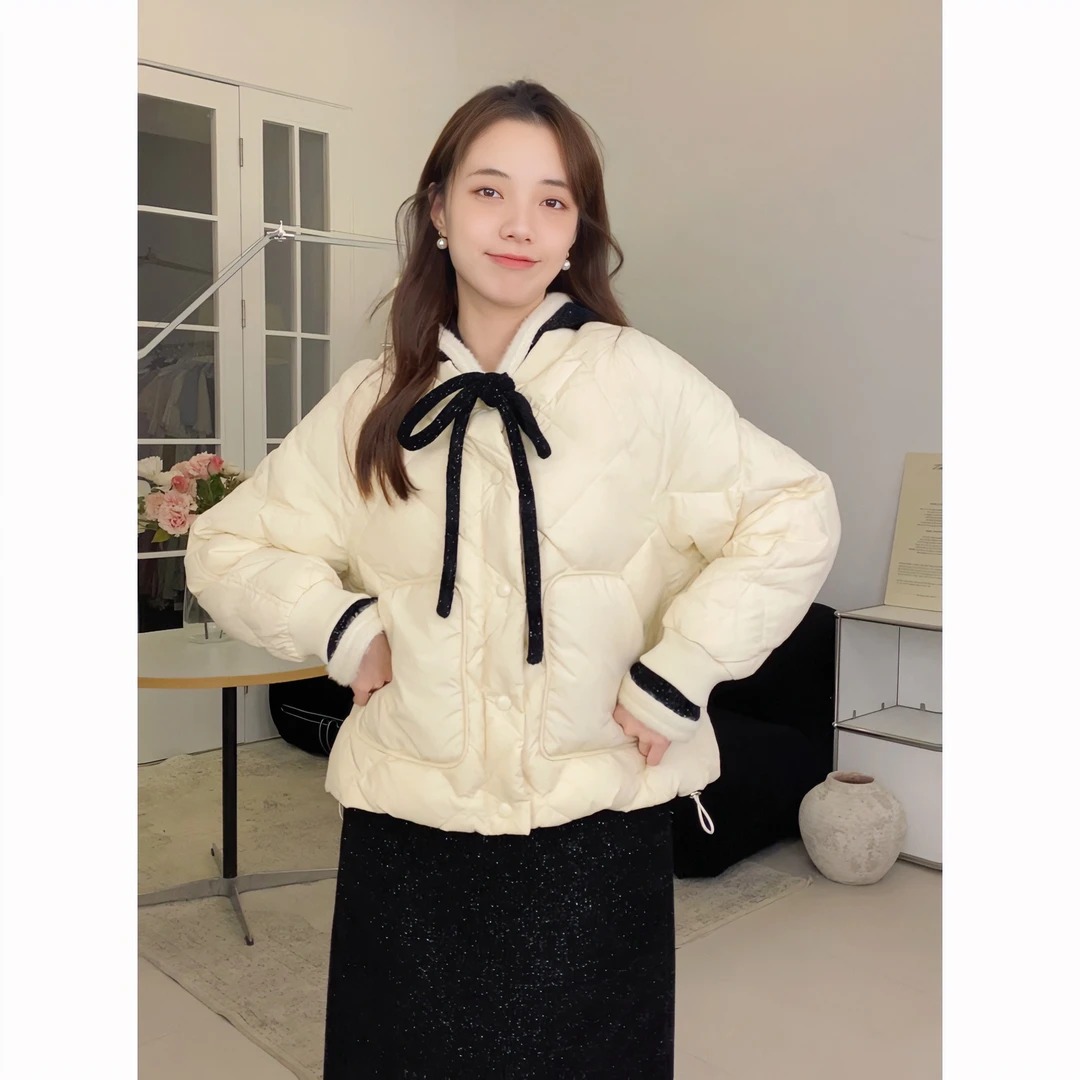 Q清 CHACHASTU韩版菱格短款轻薄抽绳新国标90白鸭绒羽绒服 BY47
