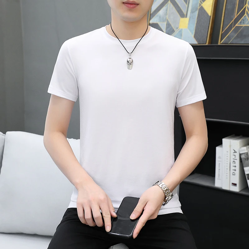 新款运动冰丝短袖男士休闲百搭夏季圆领修身潮流透气速干纯色半袖