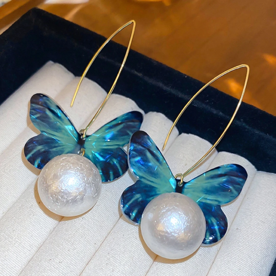 合金仿水晶耳饰 Shiyi/【蓝蝴蝶】新中式轻奢优雅气质蝴蝶耳钩耳环