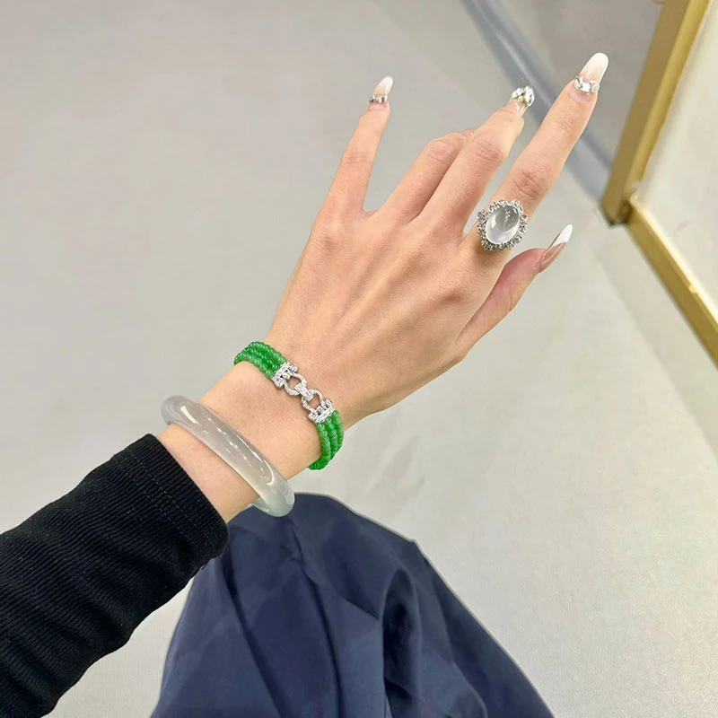 冰种阳绿翡翠圆珠串缅甸天然18k金镶嵌轻奢满绿手链