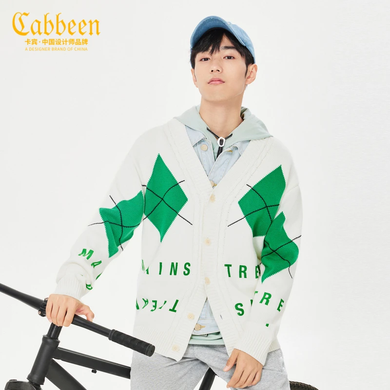 CABBEEN卡宾菱格挂毛针织衫2023新款潮流休闲线衫外套3224105002