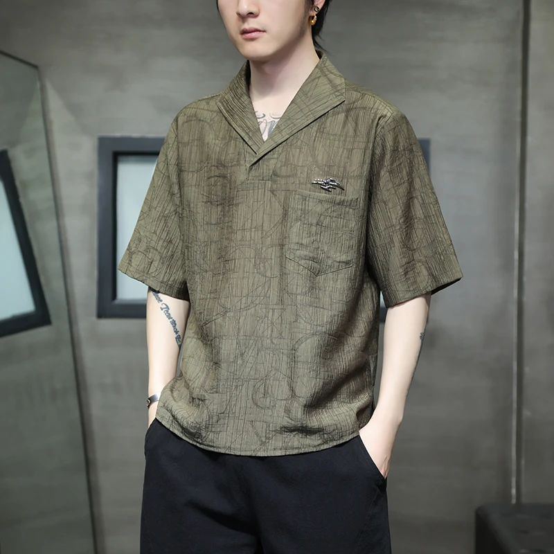冰丝短袖t恤男夏季薄款新中式男装复古风宽松大码中国风唐装半袖