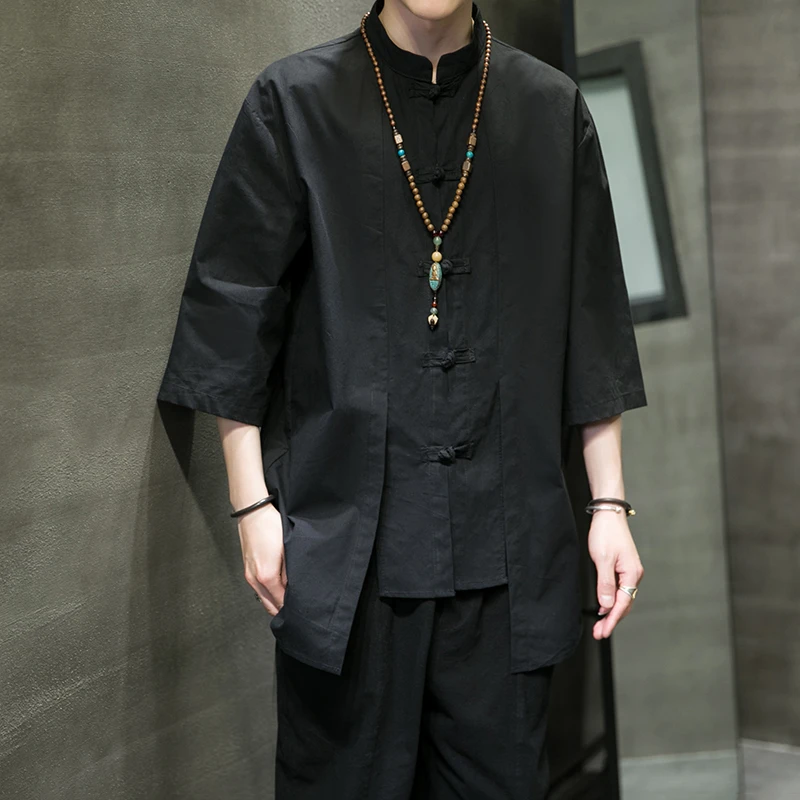 冰丝衬衫男夏季薄款中国风男装复古风休闲宽松居士服新中式唐装潮