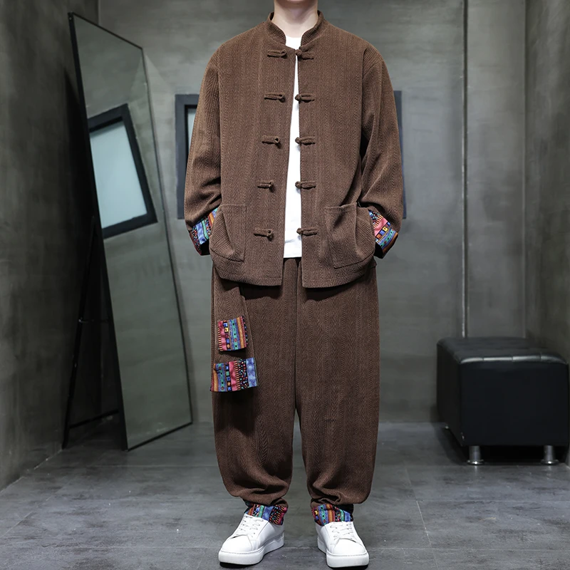 中国风男士两件套夹克外套秋季新款复古宽松大码中式舞蹈休闲套装