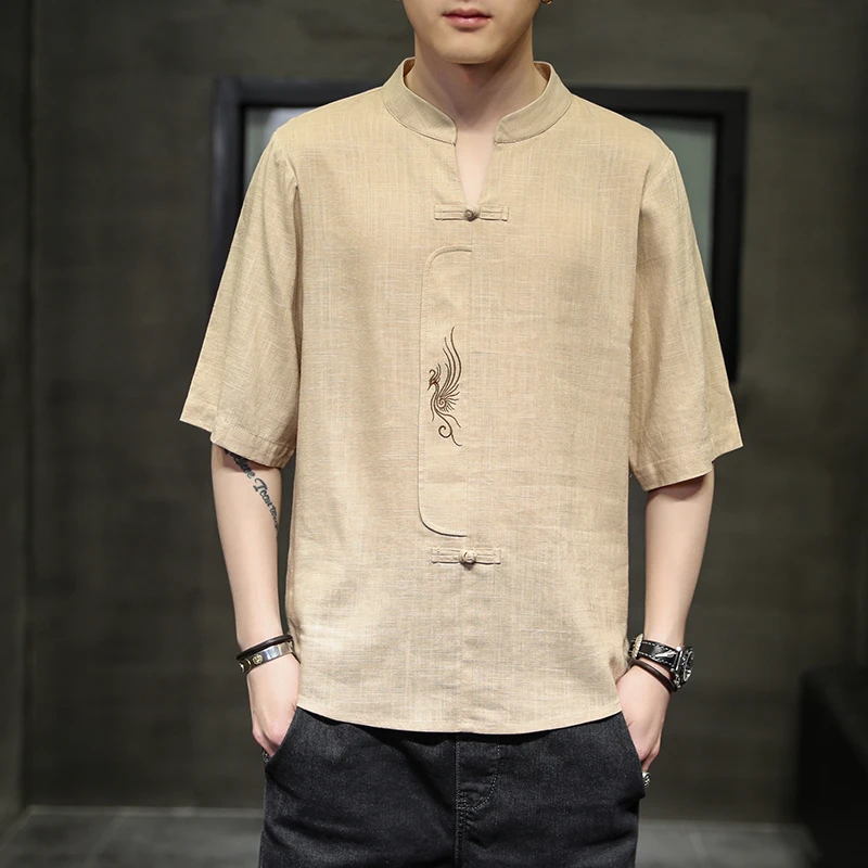 亚麻短袖t恤男夏季薄款新中式男装中国风宽松大码棉麻刺绣唐装潮