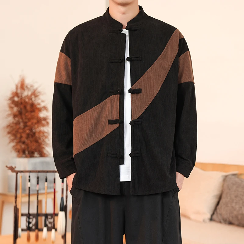 秋季中国风衬衫男装秋季宽松唐装汉服新中式休闲拼接长袖夹克外套
