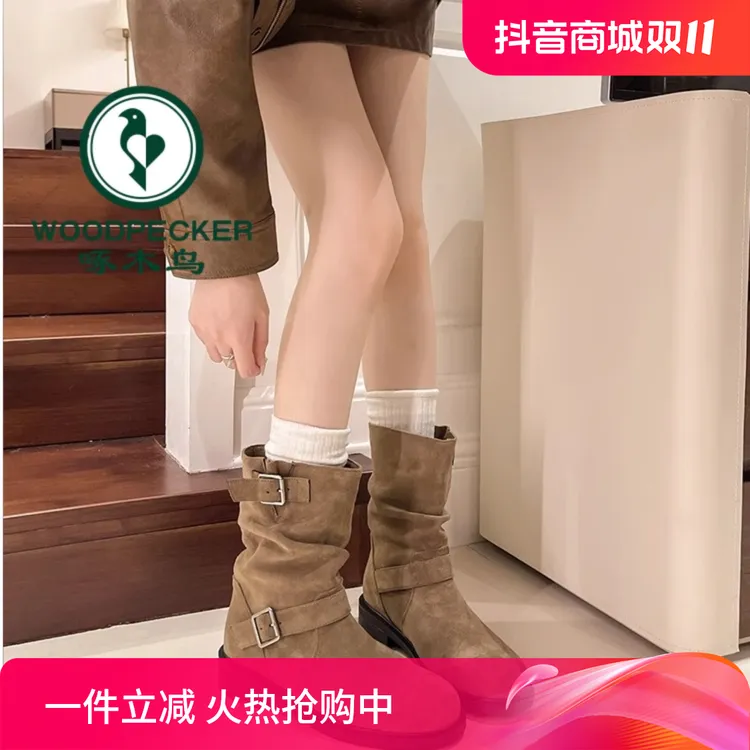 啄木鸟褶皱堆堆靴短靴女2024秋冬新款单靴靴子法式小短靴瘦瘦靴子