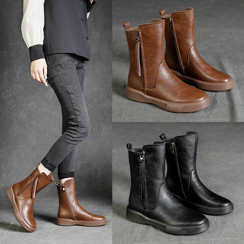 英伦风平底马丁靴女秋冬2024新款流苏复古中筒靴显瘦休闲骑士靴