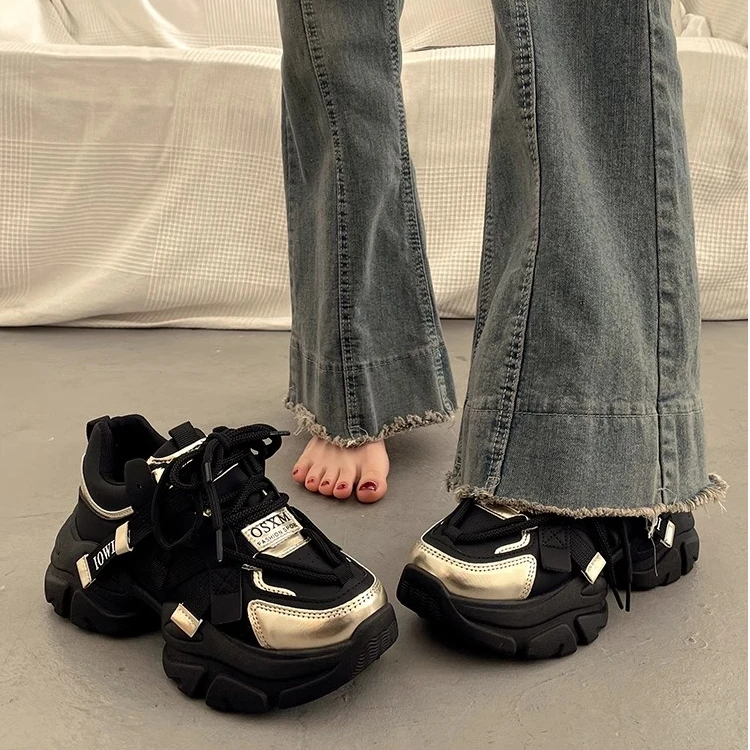 厚底老爹鞋女2024秋季新款松糕显脚小百搭增高休闲运动鞋显脚小