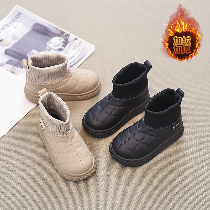 ABC女童雪地靴2024冬季新款男童鞋子加绒针织儿童棉靴防滑短靴