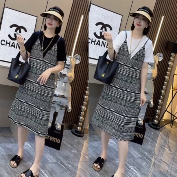2024年夏季新长短款洋气减龄短袖连衣裙设计感小众拼接圆领裙子