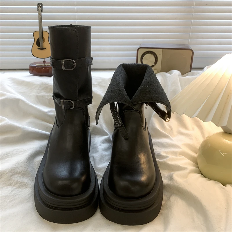 美拉德复古中筒马丁靴女2024秋冬季新款英伦风复古厚底增高短靴子