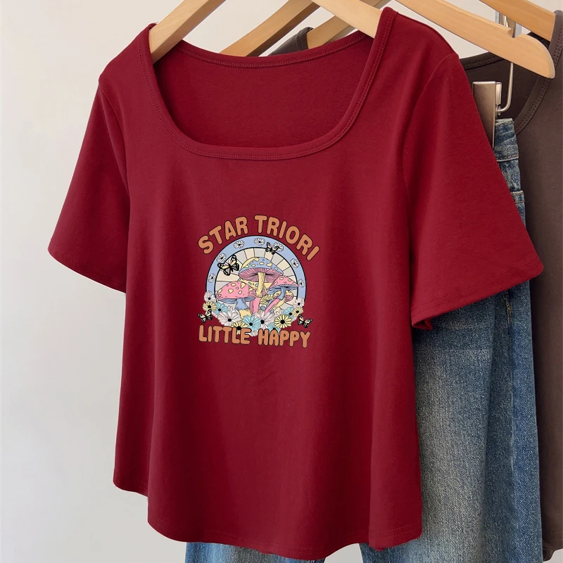 微胖妹妹设计感正肩短袖T恤夏季新款遮肉遮肚子显瘦U领印花上衣女