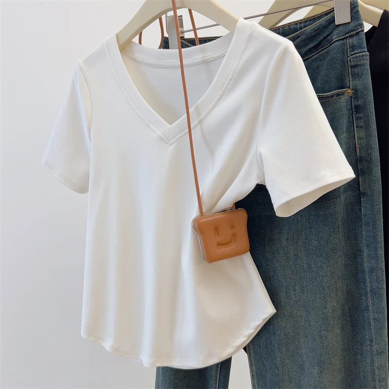 X大码女装夏季新款v领正肩打底短袖T恤胖mm宽松不规则显瘦遮肉