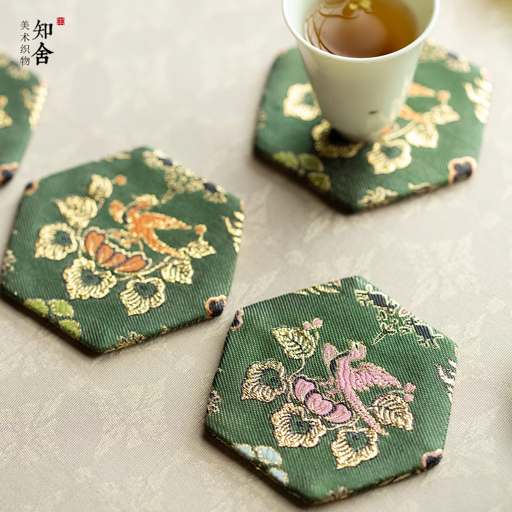 瑞彩玄鸟纹织锦六角杯垫中式复古宫廷风手工双层茶垫茶道配件