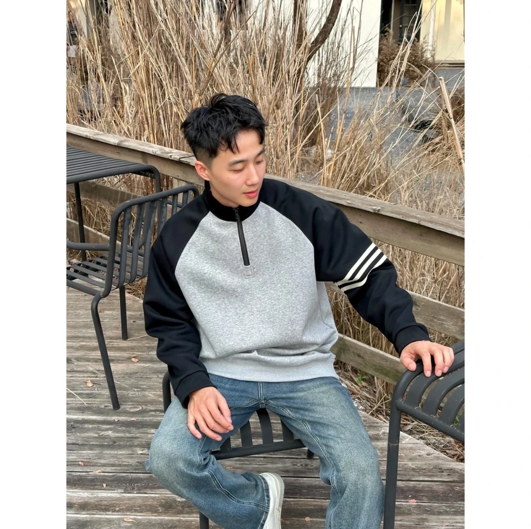 秋冬季新款插肩撞色加绒半拉链经典条纹设计百搭男士卫衣89036