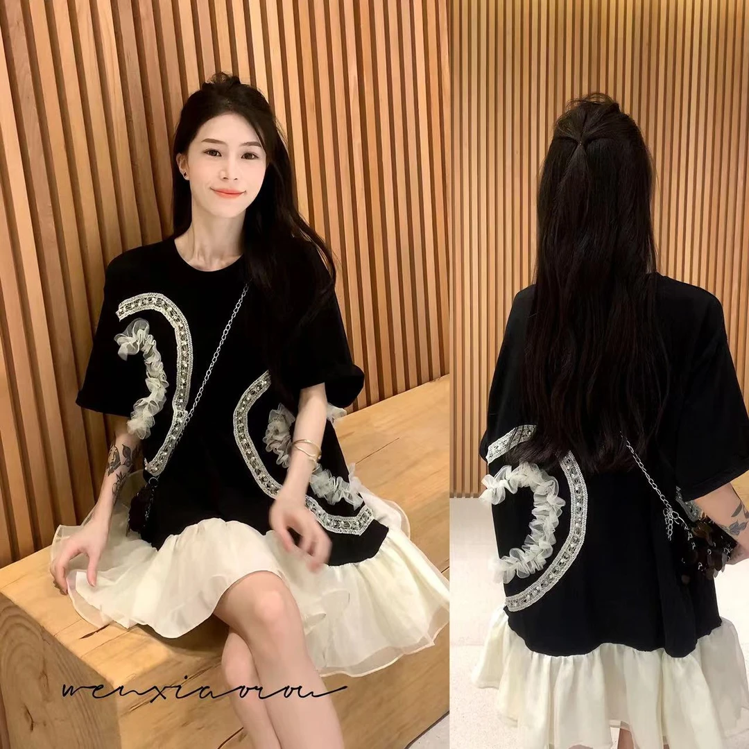 【九依定制.梨花雨眠】夏季新款气质黑色法式小众时尚小香风连衣裙