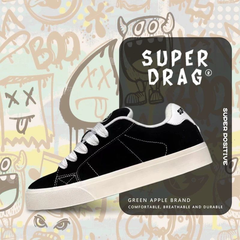 SUPER DRAG/超拽美式复古黑色翻毛皮低帮板鞋学生情侣百搭休闲鞋