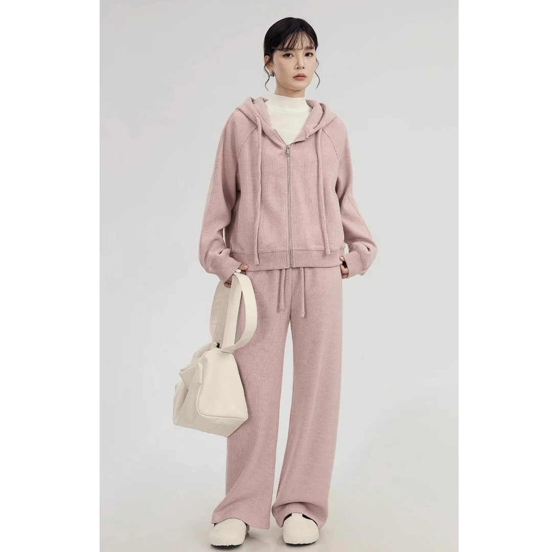 GUIER/桂儿粉色针织开衫连帽卫衣直筒阔腿休闲裤套装两件套XH4796