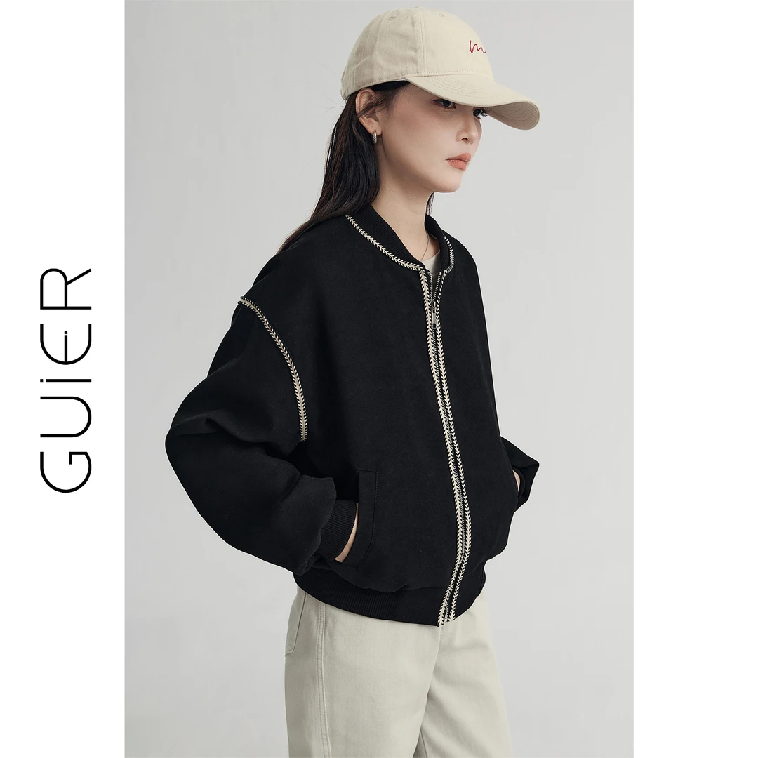 GUIER/桂儿黑色棒球服外套女春宽松显瘦休闲百搭高级感上衣G4148