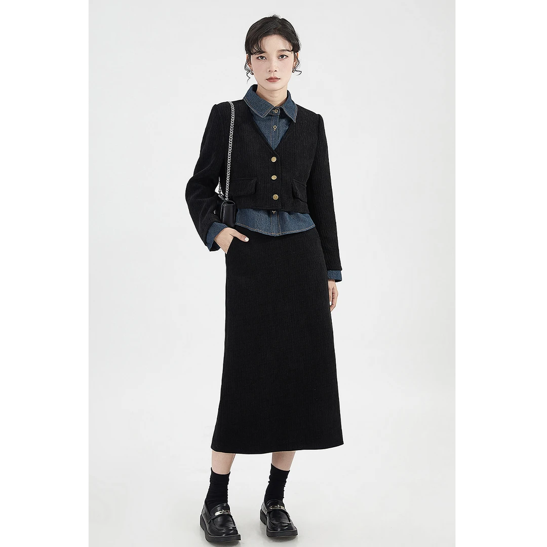 GUIER/桂儿G1597「倾国倾城」假两件灯芯绒外套女半身裙套装两件套