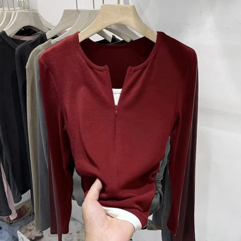长袖T恤女秋冬季设计感褶皱收腰显瘦修身假俩件打底衫内搭上衣服