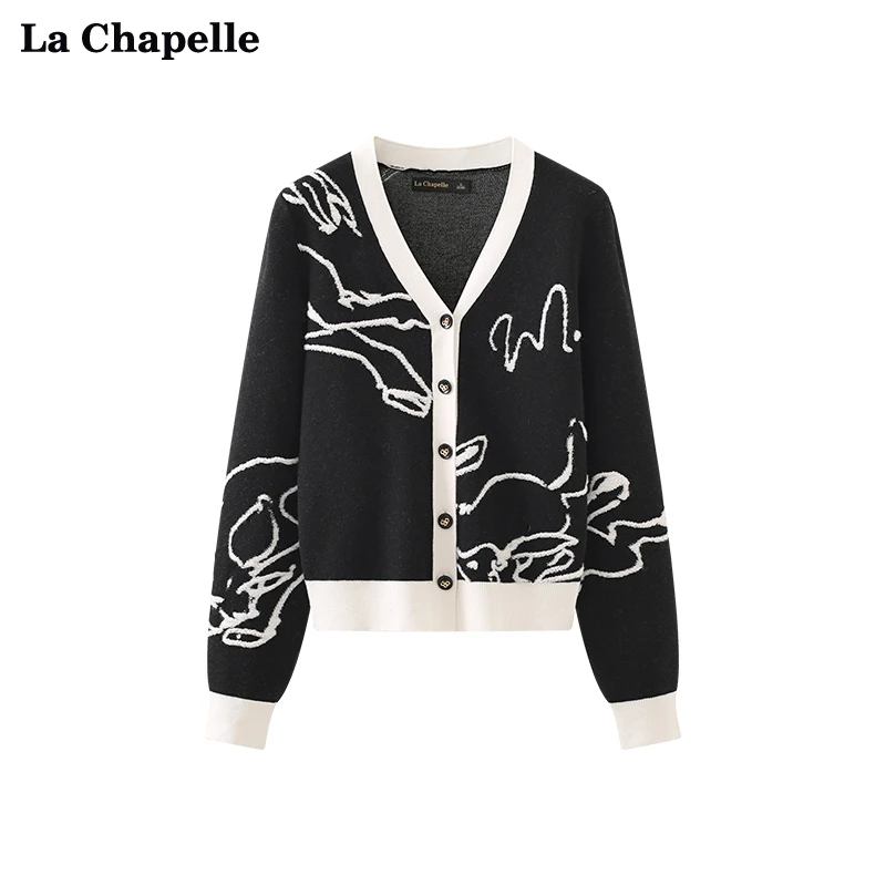 拉夏贝尔LaChapelleV领拼色毛巾绣针织开衫女设计感小众毛衣冬