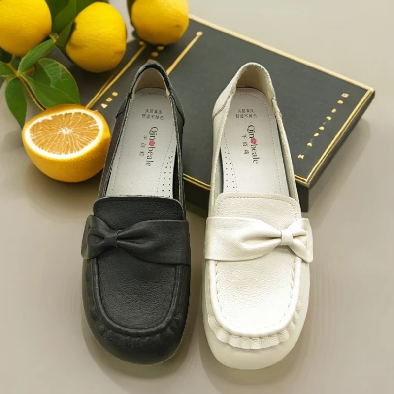 千佰莉真皮缝线时尚舒适软底休闲百搭平跟浅口妈妈鞋鞋    0822