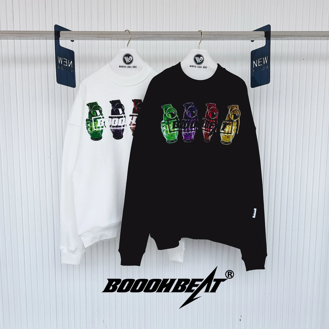 BOOOHBEAT彩手雷圆领套头卫衣宽松休闲时尚潮流长袖卫衣-B0009