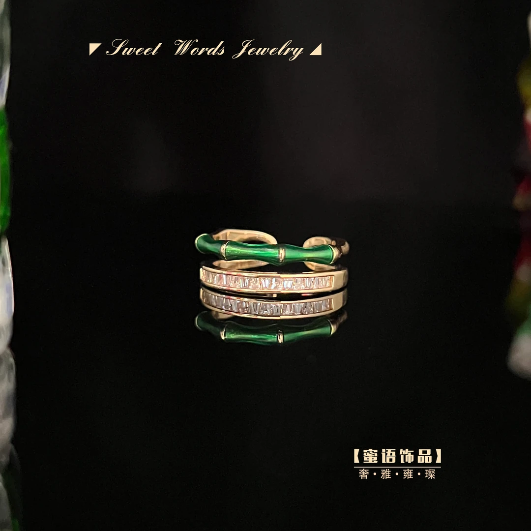 铜合金戒指 J10【碎金竹月】中古风竹节珐琅绿色瑙瑙香槟金开口戒