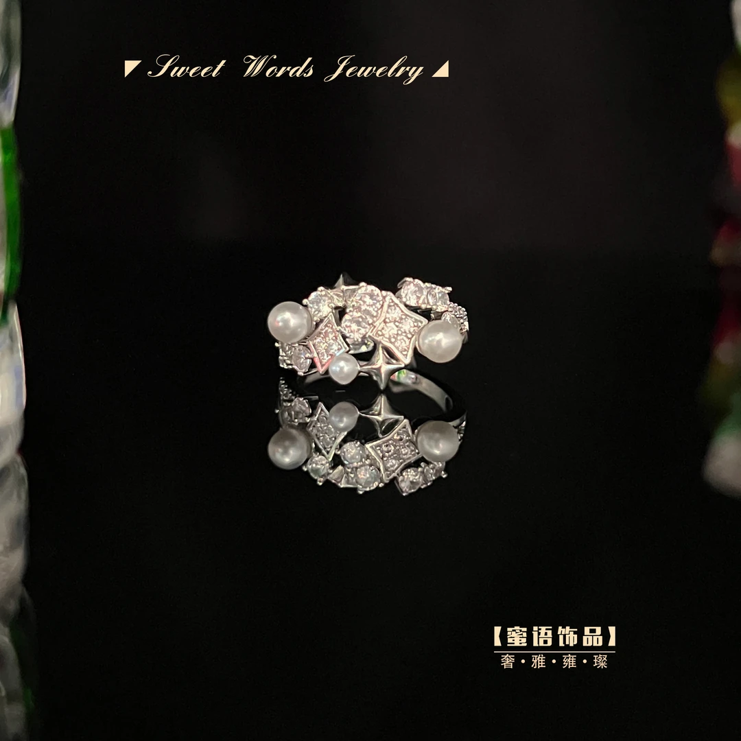 铜合金戒指 J5【告白气球】锆石珍珠开口可调节轻奢质感复古合金戒