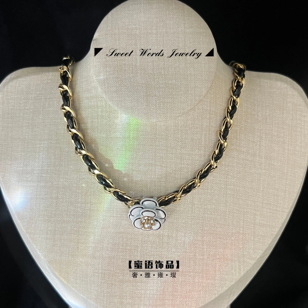 铜合金项链 X10【山茶之恋】法式choker赫本风复古黑色山茶花编织链