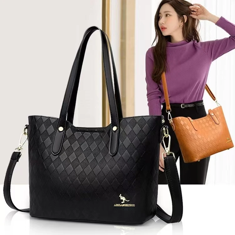 高级感菱格压花子母托特包新款简约休闲质感通勤水桶包牛皮托特包